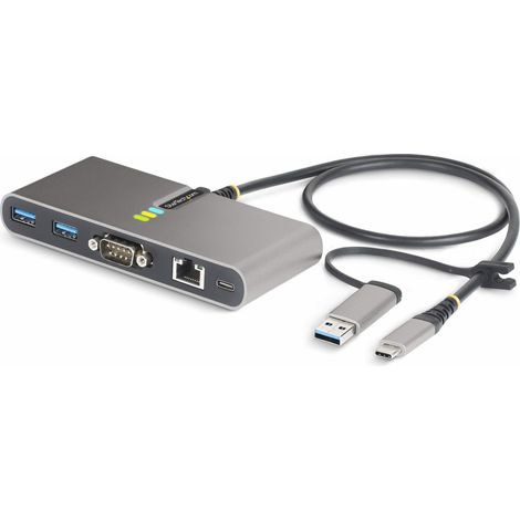 StarTech.com 2-Port USB-C Hub mit Ethernet und RS232 Port,USB-A Adapter, Ladefunktion 100W Power Delivery Pass-Through, 2x USB-A 5Gbps, Gigabit LAN, RS232 Seriell (FTDI)