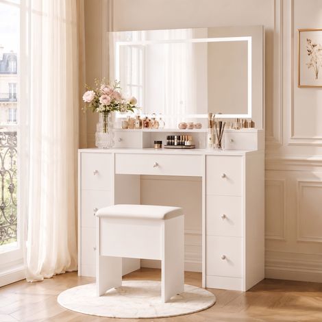 Coiffeuse avec miroir LED, 110x40x150cm, table de maquillage avec tabouret rembourré et 9 tiroirs de rangement, panneaux de particules, Blanc (1/5)
