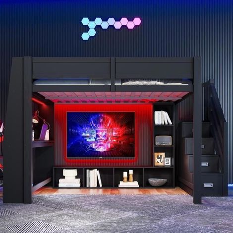 Lit mezzanine - KOMHTOM - 140 x 200 cm - Bureau intégré - Rangements multiples - Escalier avec LED (1/5)