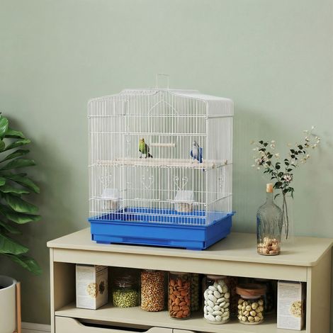 Vogelkäfig, Stahlvoliere mit 2 Futternäpfen, 2 Sitzstangen, Schaukel und herausnehmbarer Schale, Griff, 46,5 x 36 x 59 cm, Blau