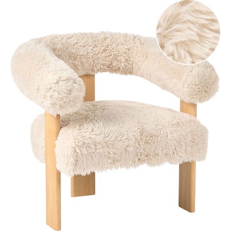 Poltrona da salotto retrò con rivestimento in pelliccia sintetica e gambe in legno bianco sporco e marrone chiaro Ilbro
