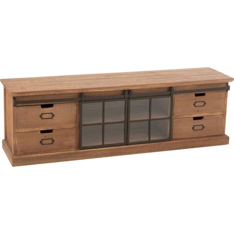 Meuble TV bois naturel style industriel avec portes vitrées - Bois naturel effet vieilli (1/5)
