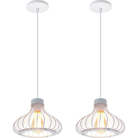 Lámpara Colgante 2 Piezas, Vintage Lámpara de Techo con Ø23cm Jaula de Metal Interior, Industrial Estilo Iluminación Decorativo E27 Art para Cocina Sala Comedor Dormitorio (Blanco)