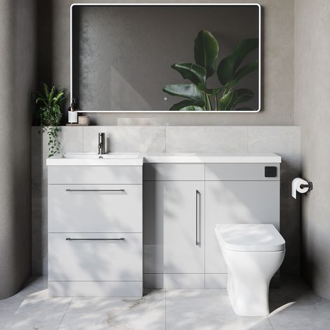 Napoli 390 Gloss Grey Pearl 1500mm 2 Drawer Vanity Unit Toilet Suite with Left Hand Square Lucia Basin - 1500mm - Gunmetal Grey 320mm HandleWith Kingston Toilet Pan and Seat