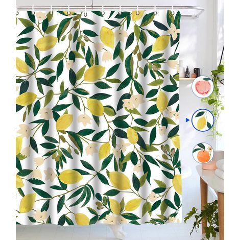 Lemon-style waterproof fabric shower curtain, 180x180cm with 12 hooks (1/5)
