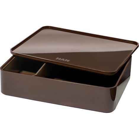 Boîte à ustensiles avec coque intérieure et couvercle/plateau de service, empilable, pour bureau, salle de bain, cuisine, pieds en caoutchouc qui protègent les meubles Marron (1/5)