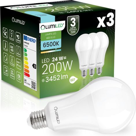 3 bombillas LED E27 A95 24W = 200W 3452lm 6500K Luz fría 260° lumiled (1/5)