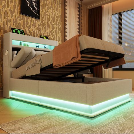 MEUBLIV Lit 90x200 cm beige – tête de lit USB, LED et rangement, sans matelas (1/5)