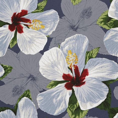 Tela decorativa para exteriores Oxford con estampado de flores de hibisco blancas. (1/5)