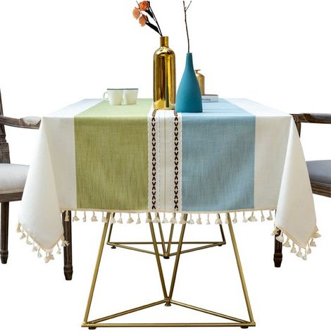 Nappe rectangulaire d'extérieur en lin, nappe en coton imperméable de style bohème champêtre avec pompons, robuste et infroissable, pour les pique-niques (1/5)