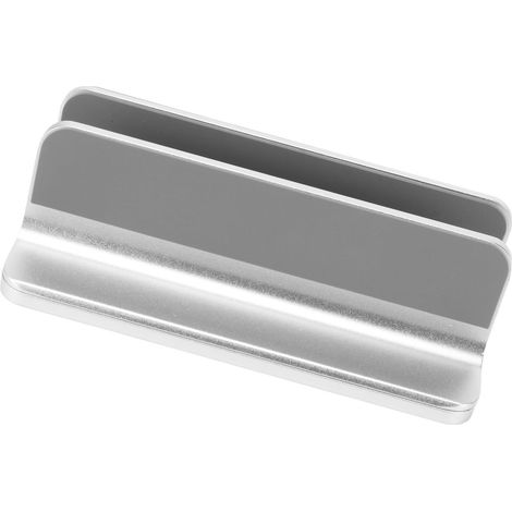 Vertikaler Laptopständer aus silberfarbenem Aluminium, einteilig geformt, mit Silikonauflage und verstellbarem Fuß – ideal für Zuhause. (1/5)