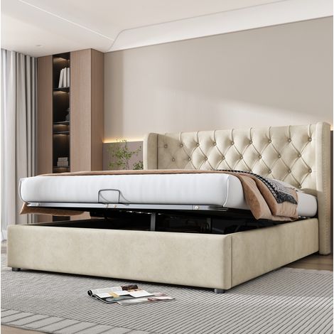 Cama matrimonio con almacenaje terciopelo beige 160x200 DESVIAE (1/5)