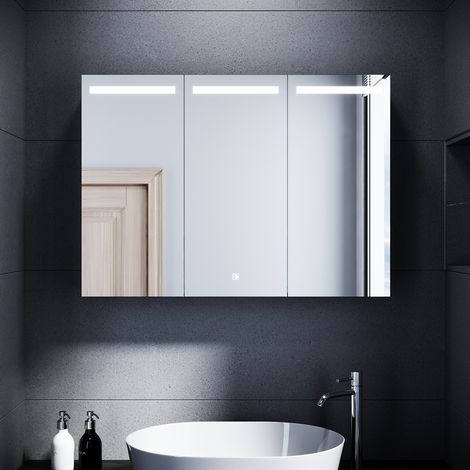 SONNI Edelstahl LED Spiegelschrank mit Beleuchtung 90x65cm, 3 Lichtfarben Dimmbar, Drahtloses Scharnier Design, Dreitüriger Spiegelschrank (1/5)