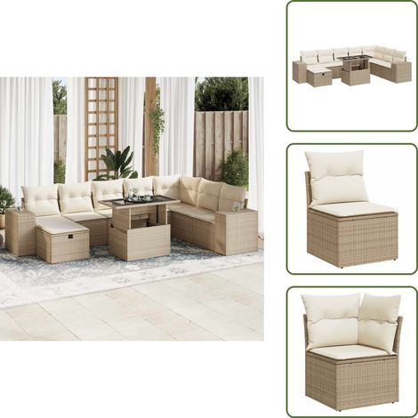 9-tlg. Garten-Sofagarnitur mit Kissen Beige Poly Rattan - Garten Sofagarnitur - Garten Sofagarnituren - Outdoor Sofagarnitur - Sofagarnitur Terrasse (1/5)
