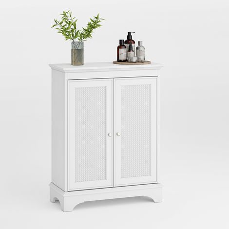 Meuble de salle de bain sur pied avec rangement, armoire de salle de bain blanche avec porte en rotin et étagère réglable, meuble de salle de bain moderne indépendant, pour salon et cuisine (1/5)