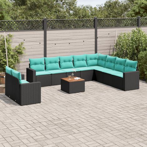 Salon de jardin 11 pièces en résine tressée noire avec rangement et coussins bleus, 90.4kg - PANGIVO (1/5)