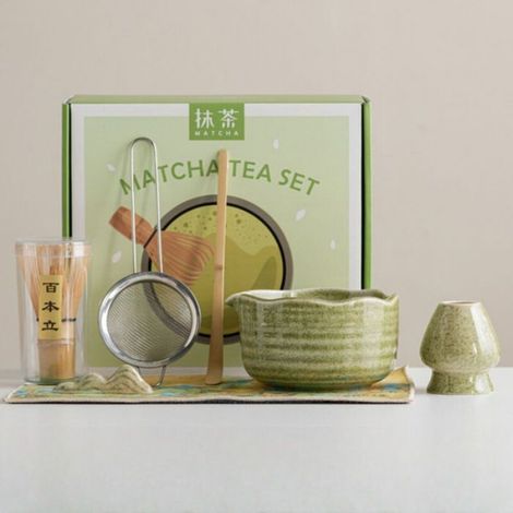 Coffret Matcha - Service Thé Japonais 7 Pièces - Cérémonie Matcha - Bol Céramique Bambou - Vert - 24 x 22 x 10,5 cm (1/5)