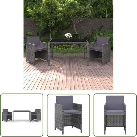The Living Store 3-tlg. Garten-Essgruppe mit Kissen Poly Rattan Grau - Gartensessel - Esstisch Set - Gartenmöbel - PE-Rattan Möbel - Balkonmöbel