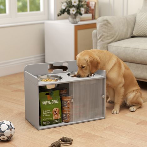 Comedero elevado para perro con almacenamiento 50 L, 2 cuencos inox 2,1 L, gris DESVIAE (1/5)