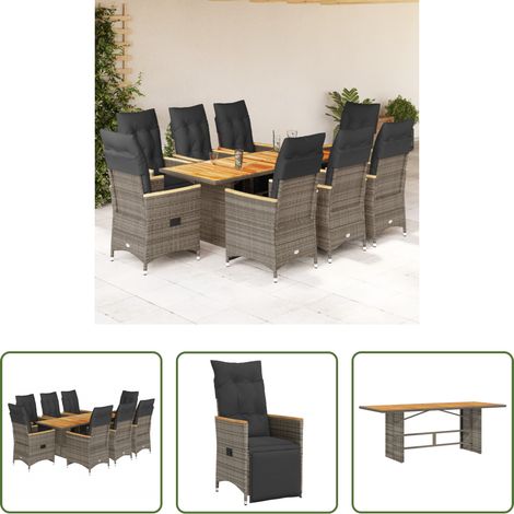 vidaXL Relaxsessel - 9-tlg. Garten-Bistro-Set mit Kissen Grau Poly Rattan (1/5)