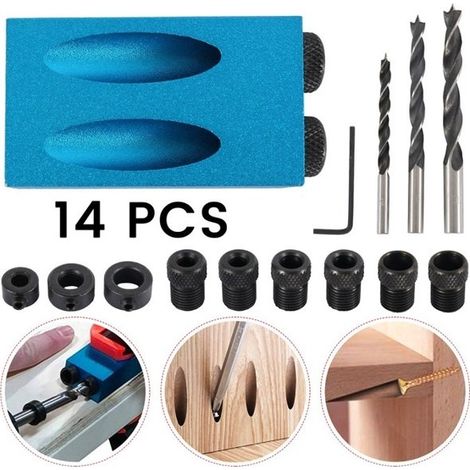 Gabarit De Perçage Pour Assemblage En Bois - Angle 15 Degrés - Compatible Forets 6 8 10 Mm - Kit Complet 14 Pièces (1/5)