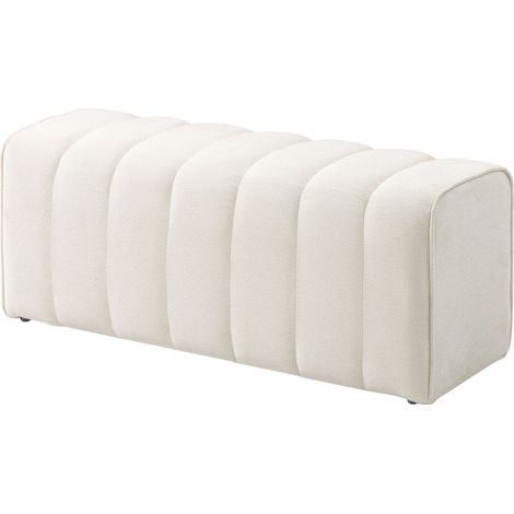 Moderner beigefarbener Leinenhocker 110x40x44 cm, gepolsterte Bank am Fußende des Bettes