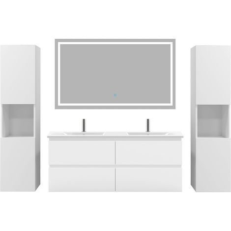 Aica Ensemble de meubles de salle de bain 120cm avec vasque céramique + deux meubles hauts + miroir lumineux,Suspendu,Matte,Blanc