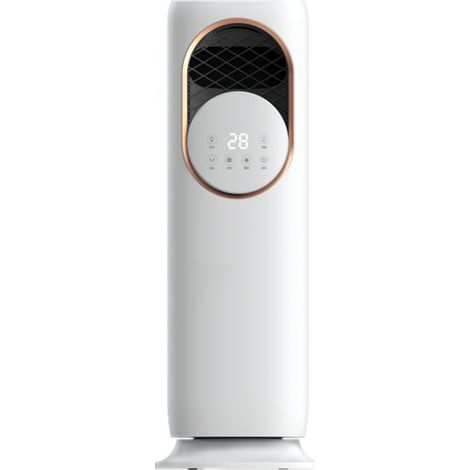 Climatiseur-ventilateur multifonctionnel avec fonctions de refroidissement, de chauffage et d'humidification, et écran tactile LCD.