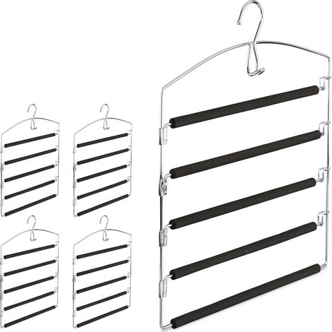 Set de cinco perchas múltiples, Colgadores para pantalones, Metal, Acolchado, Plateado y negro, 44,5 x 37 x 2,7 cm