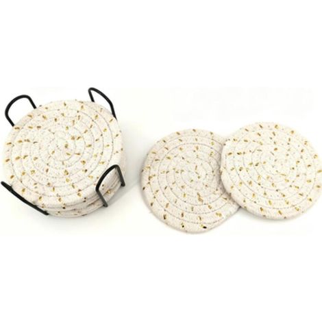 Juego de 8 posavasos absorbentes con base, de algodón, que miden 11 x 11 x 7,3 cm, en tonos dorados. (1/5)