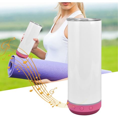 Mug cylindrique droit de 590 ml (20 oz) à sublimation thermique, style musical, avec haut-parleur Bluetooth détachable et fond rose rouge. (1/5)