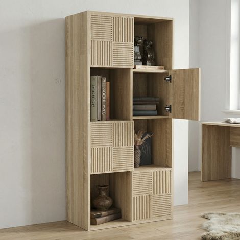 Libreria 60x30x125 cm, libreria bassa con 8 scomparti e 4 ante, scaffale contenitore modulare, stile moderno, Rovere chiaro