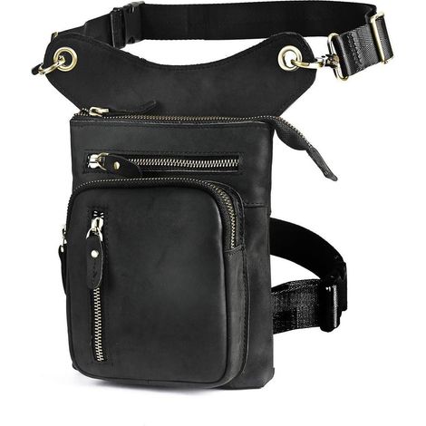 Herren Leder Motorrad Hüfttasche Umhängetasche Drop Leg Bag Schwarz (1/5)