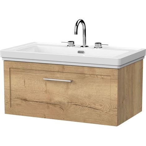 Stonnall Traditional Wall Hung 1 Drawer Vanity Unit with Traditional 3 Tap Hole Fireclay Basin, 800mm, Autumn Oak