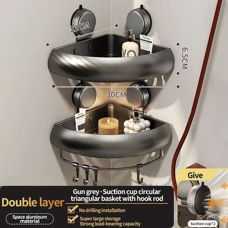 (Étagère à ventouses grise à 2 poteaux) Étagère de salle de bain adhésive sans perçage, étagère de salle de bain, étagère suspendue en aluminium pour toilettes, organisateur de salle de bain à accroch (1/5)
