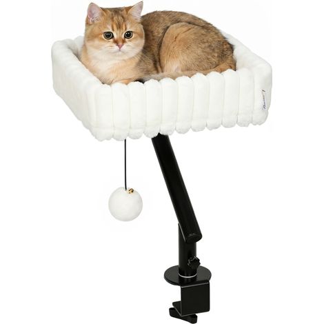 PawHut Cat Desk Bed, Rotatable Raised Cat House w/ Hanging Ball, White (1/5)