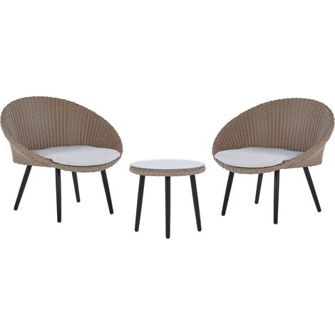 Set da Giardino in Rattan Beige con Tavolino e 2 Poltrone più Cuscini Ortigia