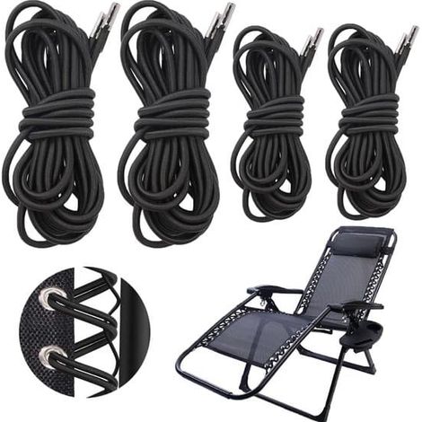 Cordons élastiques universels, lot de 8, adaptés aux chaises zéro gravité, aux chaises pliantes et aux fauteuils inclinables, noirs. (1/2)