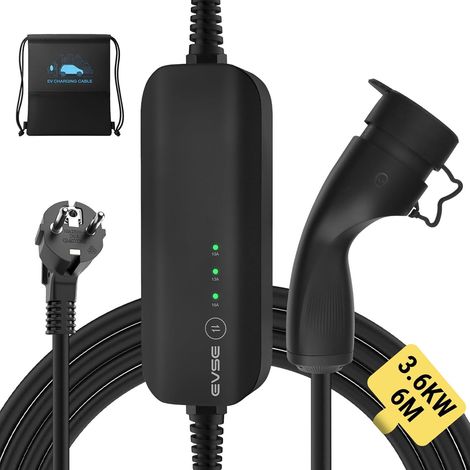 Chargeur EV Type 2 Schuko Portable Wallbox avec Sac de Transport pour Tous Les véhicules électriques et Hybrides Rechargeables 3.6kW 10/13/16Amp 6 Mètres Monophasé (1/5)
