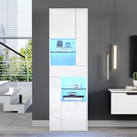 meuble rangement vitrine salon 55x38x170 cm blanc LED OKMYHOME (1/5)