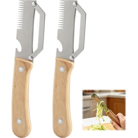 2er-Set 3-in-1 Multifunktions-Obst- und Gemüseschäler, ultrascharfe Edelstahlklinge, ergonomischer, rutschfester Holzgriff, integrierter Flaschenöffner und Reibe, Küchenhelfer (1/5)