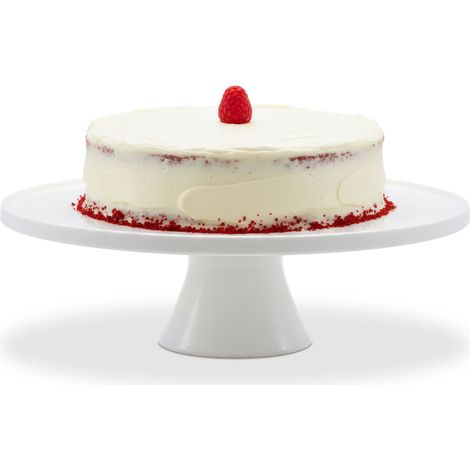 Relaxdays Tarta con pie, cerámica, 10 x 32 cm, bandeja para servir tartas, soporte redondo, blanca (1/5)