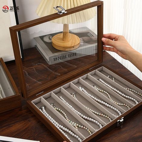 Boîte à bijoux avec couvercle, boîte à bijoux de couleur noyer noir pour colliers et bracelets, avec 8 compartiments gris pour présenter les colliers, boîte à bijoux transparente (1/5)