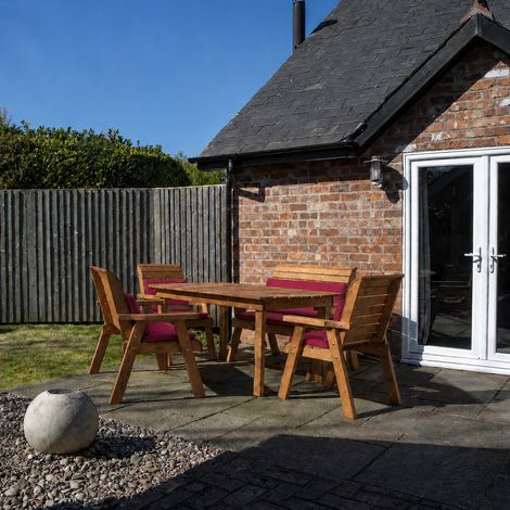 6 Seater Wooden Garden Furniture Set. Table, Chairs & Burgundy Cushions (1/5)