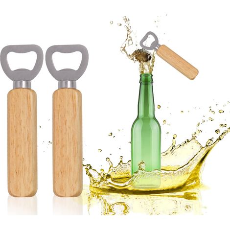 2 Pack Wooden Bottle Opener, Sturdy and Durable Stainless Steel Beer Bottle Opener, Natural Wood Handle (1/5)