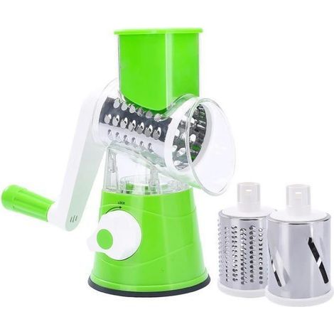 Universal rotary cheese grater (includes 3 interchangeable stainless steel blades) — Hand crank model with strong suction base, easy to use and clean. (1/2)