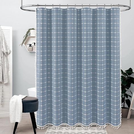Cortina de ducha bohemia con borlas, de tela de lino, ideal para la decoración del baño, 183 x 183 cm (cuadros blancos sobre fondo azul). (1/5)