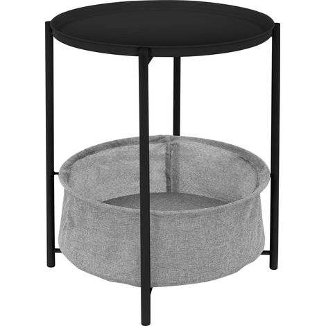 ML-Design Mesa Auxiliar Redonda Ø 46 x AL 51 cm Negro de Metal Mesita de Centro con Cesta de Tela y Bandeja Extraíble Velador con Almacenamiento Mueble de Diseño Moderno Mesilla de Noche Pequeña