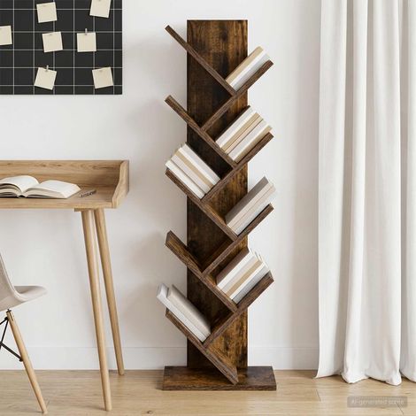 Étagère bibliothèque arbre à 6 niveaux en bois d’ingénierie chêne fumé 30 x 18 x 100 cm - PANGIVO (1/5)