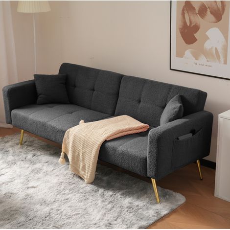 Canapé convertible en tissu sherpa gris antique 175x64x72 cm, dossier réglable et poches latérales (1/5)